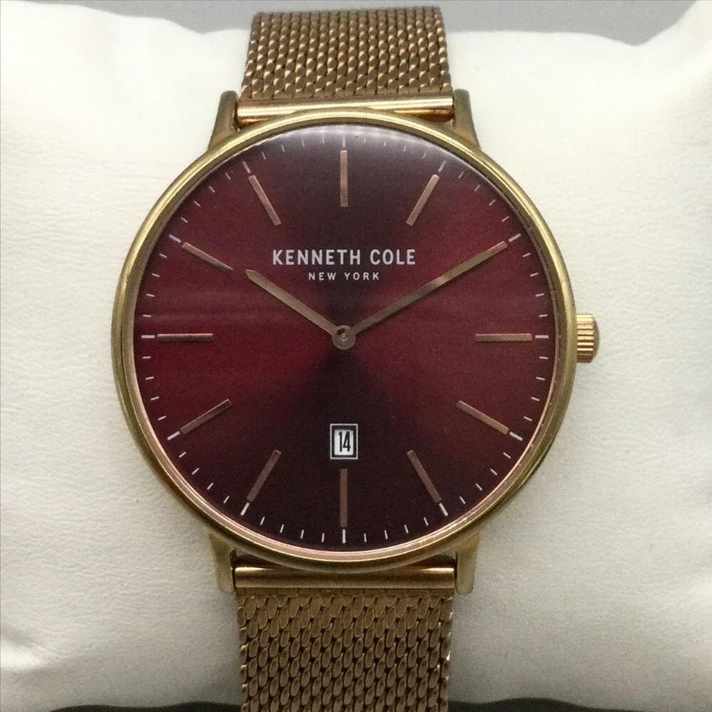 Kenneth Cole Mens Watch 41mm Red Dial Gold Tone Mesh Stainless Date New Battery